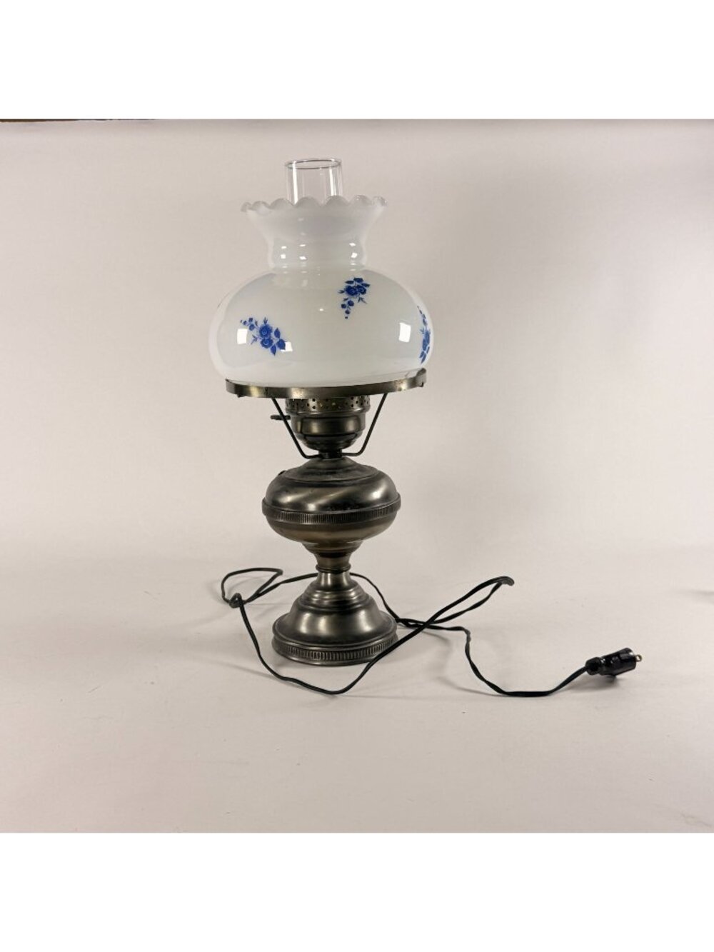 Vintage Hurricane Table Lamp W/ Floral Painted Glass Shade Electric & Metal Base